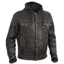 Load image into Gallery viewer, Men&#39;s Black Lightweight Drum Dyed  Distressed Lambskin Jacket with Removable Hoodie