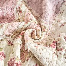 Load image into Gallery viewer, DaDalogy Cotton Patchwork Throw Blanket - Floral Cottage Quilted Reversible Blush Pink &amp; Cream Shabby Chic Botanical Ruffle Design - Vintage Garden Rose Pastel Accents (3031)- 50 x 60