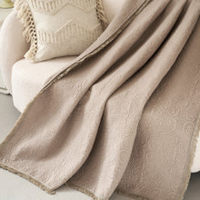 Load image into Gallery viewer, DaDa Bedding Elegant Fringed Cotton Quilted Throw Blanket - Luxurious Solid Soft Paisley Pattern, Cozy Lightweight Lap Throw, Perfect for Couch or Bed, Neutral Sandy Taupe Tan Beige, 50x60 Inches