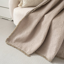 Load image into Gallery viewer, DaDa Bedding Elegant Fringed Cotton Quilted Throw Blanket - Luxurious Solid Soft Paisley Pattern, Cozy Lightweight Lap Throw, Perfect for Couch or Bed, Neutral Sandy Taupe Tan Beige, 50x60 Inches
