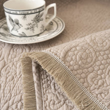 Load image into Gallery viewer, DaDa Bedding Elegant Fringed Cotton Quilted Throw Blanket - Luxurious Solid Soft Paisley Pattern, Cozy Lightweight Lap Throw, Perfect for Couch or Bed, Neutral Sandy Taupe Tan Beige, 50x60 Inches