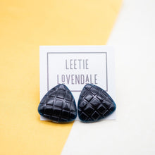 Load image into Gallery viewer, Royal Black Hatched Triangle Stud Earrings