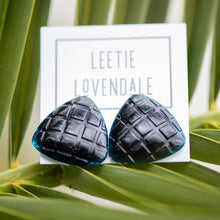 Load image into Gallery viewer, Royal Black Hatched Triangle Stud Earrings