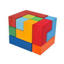 Load image into Gallery viewer, **Pre-order (Ships in 2-3 Weeks)**12 Pcs STAINED Large Rainbow Wooden Creative Puzzle Square Blocks with Storage Tray