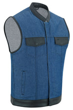 Load image into Gallery viewer, Men's Upgraded Broken Blue Denim Motorcycle Vest w/Leather Trimming