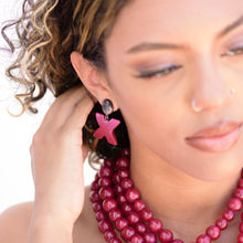 Load image into Gallery viewer, Grey &amp; Magenta Striped 'X' Kiss Moonglow Statement Earrings