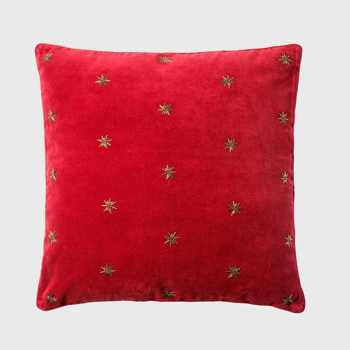 Embroidered star pillow, red cotton velvet