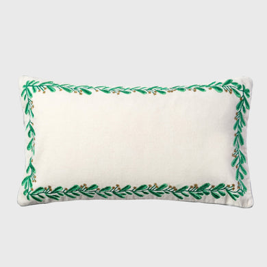 Embroidered border mistletoe pillow, cream cotton velvet