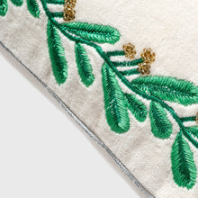 Load image into Gallery viewer, Embroidered border mistletoe pillow, cream cotton velvet