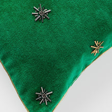 Load image into Gallery viewer, Embroidered star pillow, emerald green cotton velvet