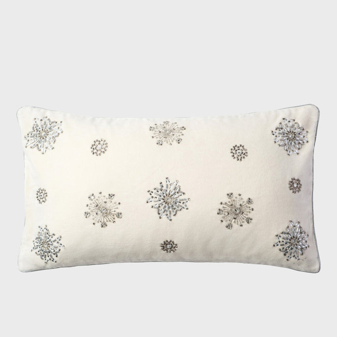Embroidered snowflake pillow,  cream cotton velvet