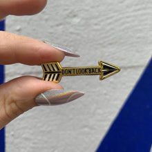 Load image into Gallery viewer, Don't Look Back Arrow Enamel Pin in Gold on Gift Card