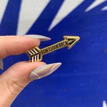 Load image into Gallery viewer, Don't Look Back Arrow Enamel Pin in Gold on Gift Card