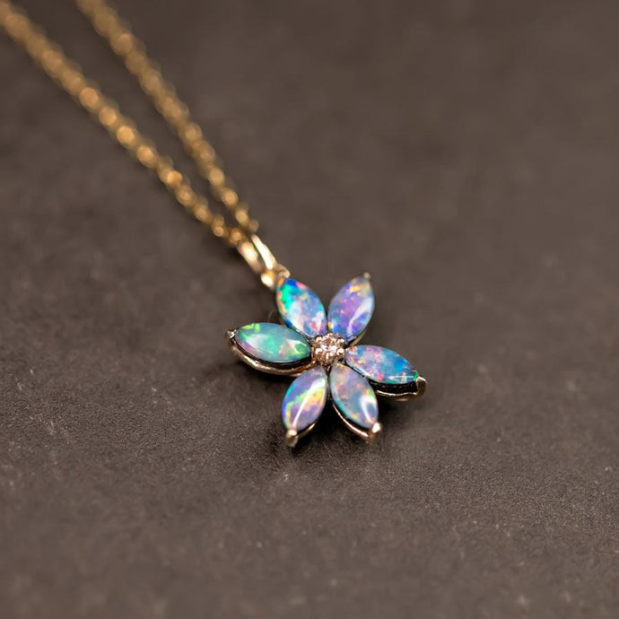 Water Lily Doublet Opal Diamond Pendant Necklace 14K Yellow Gold