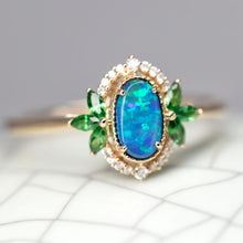 Load image into Gallery viewer, Australian Doublet Opal Diamond Tsavorite Engagement Ring 14K Yellow Gold
