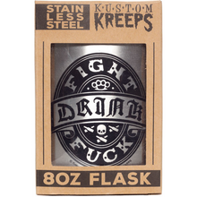 Load image into Gallery viewer, Drink Fight Fuck Stainless Steel Hip Flask | Sourpuss Brand Rockabilly Barware | Punk Gift