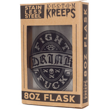 Load image into Gallery viewer, Drink Fight Fuck Stainless Steel Hip Flask | Sourpuss Brand Rockabilly Barware | Punk Gift