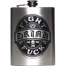 Load image into Gallery viewer, Drink Fight Fuck Stainless Steel Hip Flask | Sourpuss Brand Rockabilly Barware | Punk Gift
