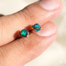 Load image into Gallery viewer, Earth Moon Design Australian Doublet Opal &amp; Diamond Stud Earrings 18K Yellow Gold