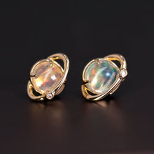 Load image into Gallery viewer, Earth Moon Design Fire Opal &amp; Diamond Stud Earrings 18K Yellow Gold