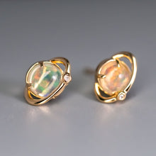 Load image into Gallery viewer, Earth Moon Design Fire Opal &amp; Diamond Stud Earrings 18K Yellow Gold