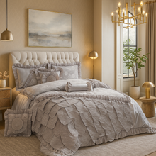 Load image into Gallery viewer, Tache Satin Ruffle Floral Lace Silver Rose Petals Comforter Set (HYZ102)