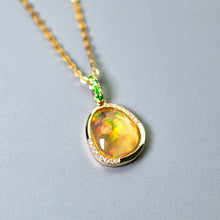 Load image into Gallery viewer, Elegant Fire Opal, Diamond Tsavorite Necklace 18K Yellow Gold