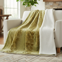 Load image into Gallery viewer, Tache Solid Embossed Green Olive Chartreuse Sherpa Throw Blanket (62096)