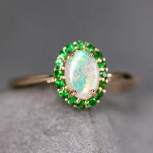Load image into Gallery viewer, 14K Yellow Gold Engagement Ring featuring Australian Opal Halo Tsavorite