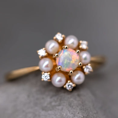 18K Yellow Gold Engagement Ring with Opal, Pearls, Diamonds