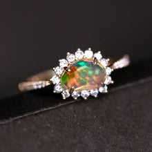 Load image into Gallery viewer, Exquisite Fire Opal Halo Diamond Engagement Ring 18K Yellow Gold