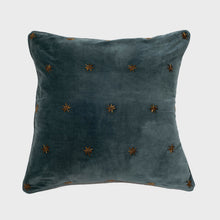 Load image into Gallery viewer, Embroidered star pillow, dark grey cotton velvet