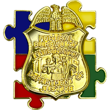 Load image into Gallery viewer, DL3-14 FBI Special Agent Intel Analyst Investigator Autism Awareness Month lapel pin puzzle pieces display like a challenge coin