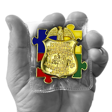 Load image into Gallery viewer, DL3-14 FBI Special Agent Intel Analyst Investigator Autism Awareness Month lapel pin puzzle pieces display like a challenge coin