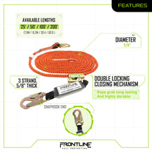Load image into Gallery viewer, Frontline VLPR3L Premium Vertical Lifeline with Openable Rope Grab and Shock Pack 50'