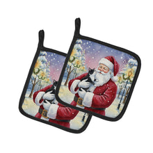 Load image into Gallery viewer, Black &amp; White Tuxedo Cat with Santa Claus Pair of Pot Holders