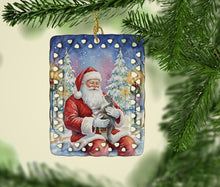 Load image into Gallery viewer, Gray and White Cat with Santa Claus Porcelain Ornament