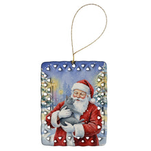 Load image into Gallery viewer, Gray Cat with Santa Claus Porcelain Ornament