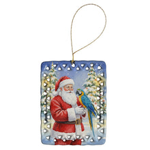 Load image into Gallery viewer, Blue and Gold Macaw Parrot with Santa Claus Porcelain Ornament