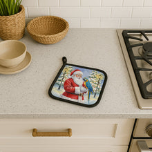 Load image into Gallery viewer, Blue and Gold Macaw Parrot with Santa Claus Pair of Pot Holders