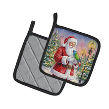Load image into Gallery viewer, Blue Headed Pionus Parrot with Santa Claus Pair of Pot Holders