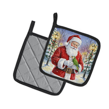 Load image into Gallery viewer, Green Quaker Parrot with Santa Claus Pair of Pot Holders