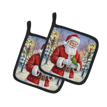 Load image into Gallery viewer, Green Quaker Parrot with Santa Claus Pair of Pot Holders