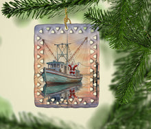 Load image into Gallery viewer, Cajun Santa Claus Decorating a Shrimp Boat Christmas Porcelain Ornament