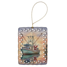 Load image into Gallery viewer, Cajun Santa Claus Decorating a Shrimp Boat Christmas Porcelain Ornament