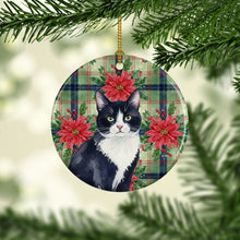 Load image into Gallery viewer, Black and White Tuxedo Cat with Poinsettias Ceramic Ornament