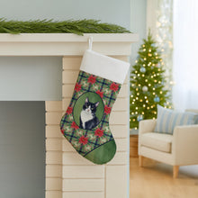 Load image into Gallery viewer, Black and White Tuxedo Cat with Poinsettias Holiday Stocking