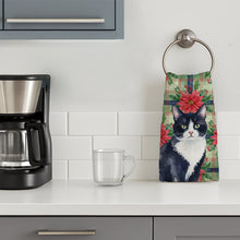 Load image into Gallery viewer, Black and White Tuxedo Cat with Poinsettias Kitchen Towel