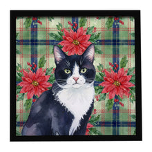 Load image into Gallery viewer, Black and White Tuxedo Cat with Poinsettias Framed Metal Print