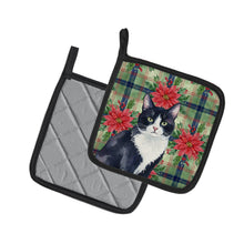 Load image into Gallery viewer, Black and White Tuxedo Cat with Poinsettias Pair of Pot Holders